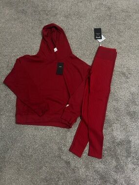 Red Hooded Sweatshirt and Ribbed Leggings Set
